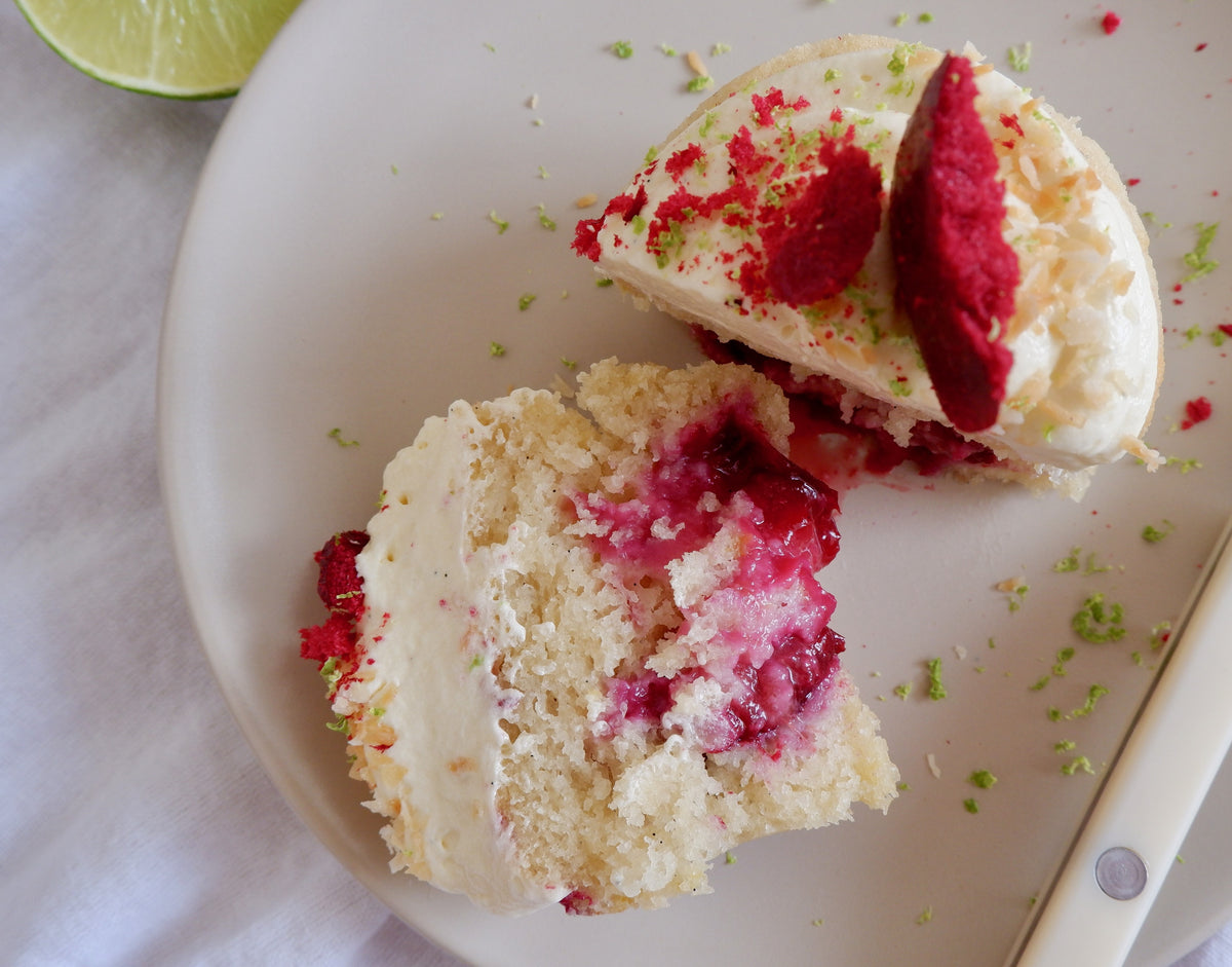 Plum, lime and coconut minicakes